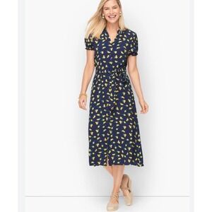 Talbots Plus Size‎ 16w Navy Lemon Print Short Sleeve Midi Shirt Dress Belted